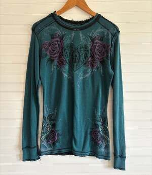 Y2K Sinful Reversible Thermal Long Sleeve Shirt Graphic Wings Roses